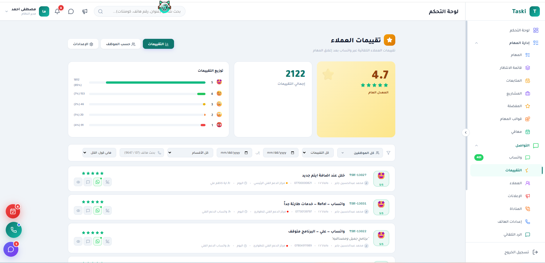 لوحة تقييمات العملاء — متوسط 4.7 من 2122 تقييم
